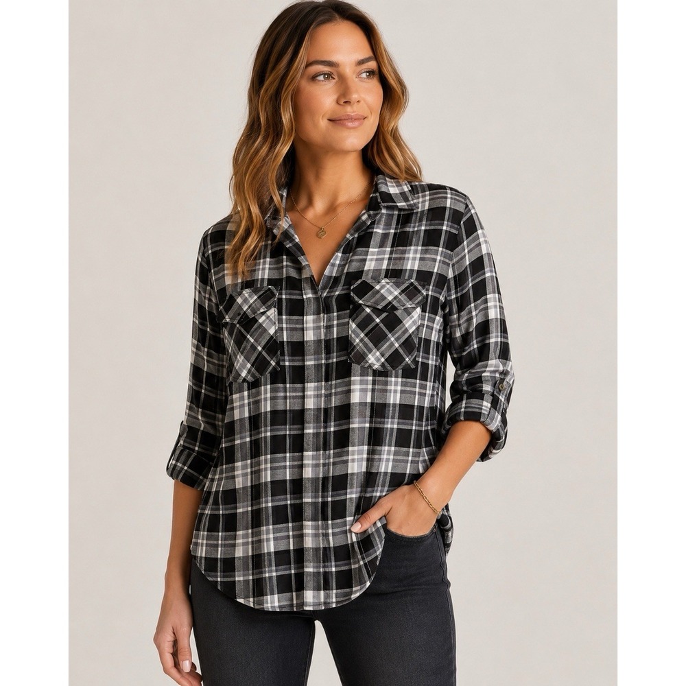 Sam Edelman Dinner Party Plaid Lace Back Blouse Women's M NWT $119 Black Gray